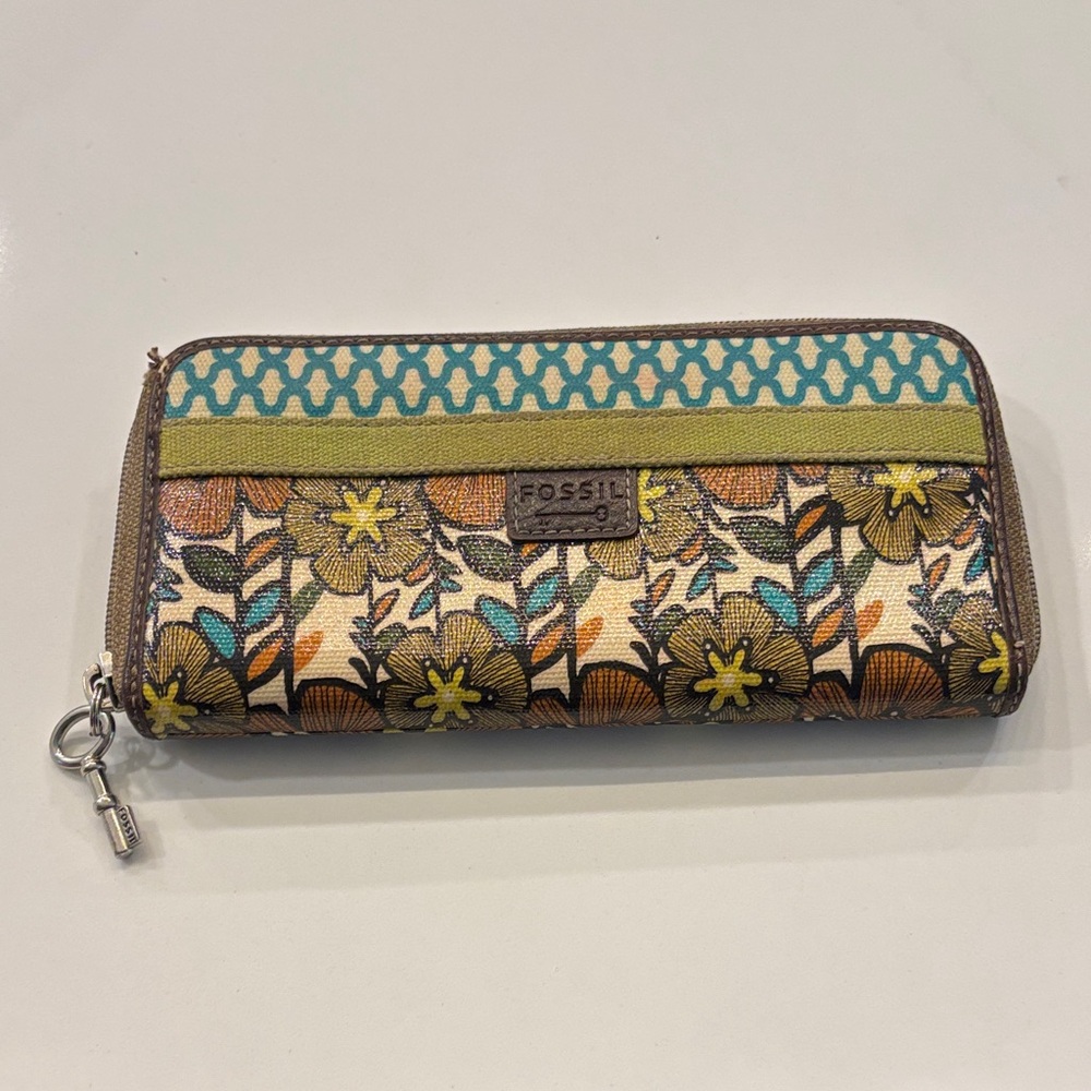 Vintage Fossil Key-Per Geometric  Zip Around Coated Wallet